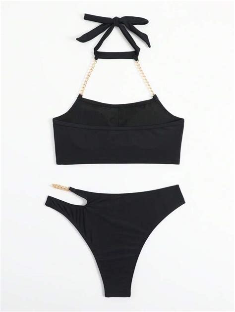 Shein Swim Bae Mono Bikini Set Chain Linked Halter Top Cutout Bikini