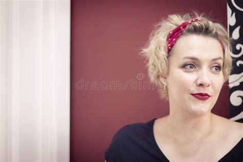 Portrait Of Blonde Woman With Short Hair And Pinup Style Stock Photo Image Of Seductive