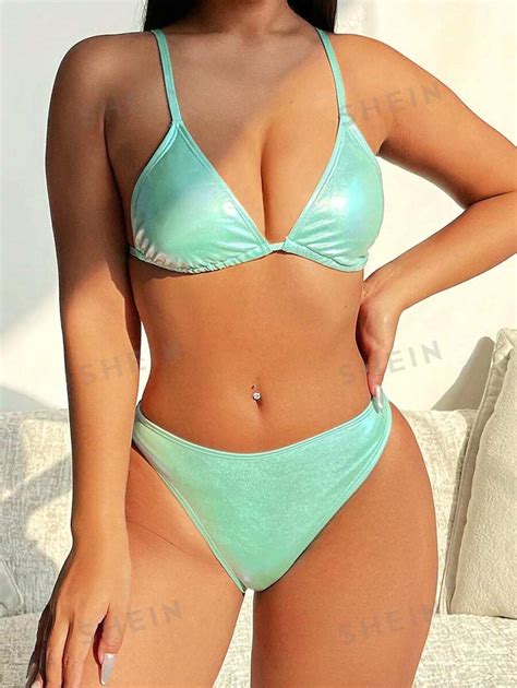 Shein Swim Basics Solid Knot Back Triangle Cup Bra And Triangle Panties Bikini Swimsuit Set