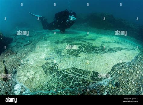 Scuba Diver Exploring A Bichrome Mosaic Floor In The Apodyterium Of The