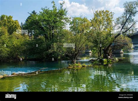 The River Una as it passes through central Bihac in Una-Sana Canton ...