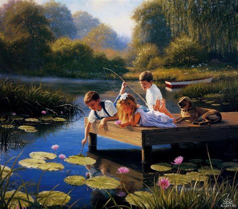 Kids Play At Waterlily Pond Painting In Oil For Sale