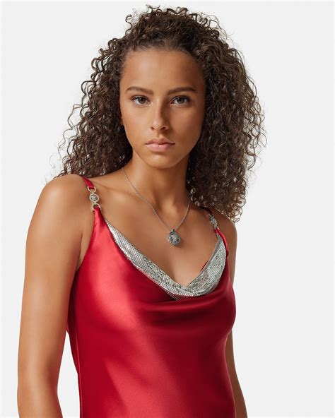Metal Mesh Slip Satin Gown Red | VERSACE US