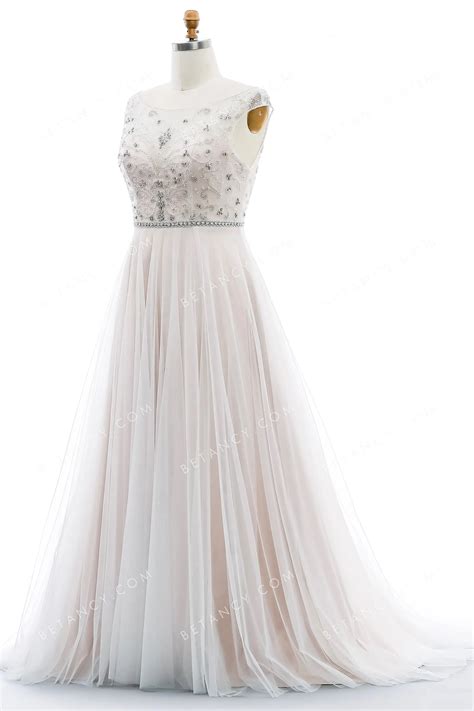 Beaded Illusion Neck Nude Pink Plus Size Wedding Dress BETANCY