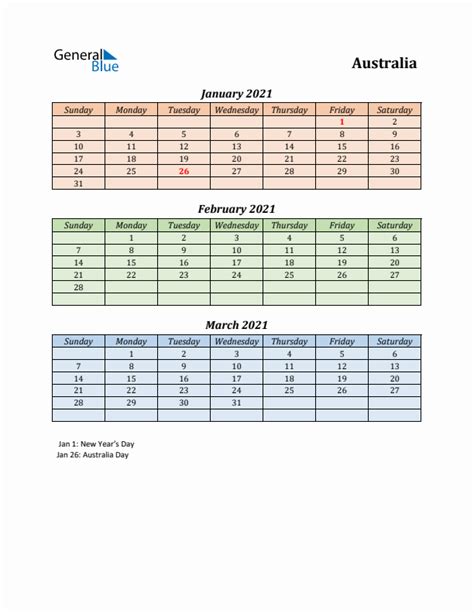 Q1 2021 Quarterly Calendar With Australia Holidays Pdf Excel Word