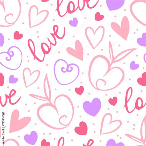 Seamless Background With Pastel Pink Hearts And Love Lettering On White