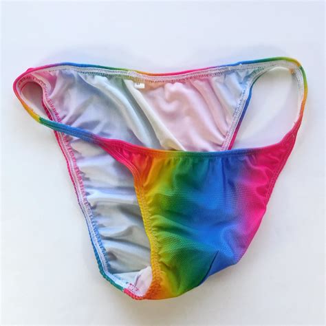 Mens String Bikini String Narrow Waist Body Posing Rainbow Color Printed L