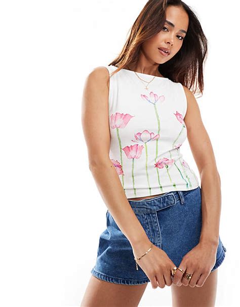 Asos Design Slash Neck Top With Floral Graphic In White Asos