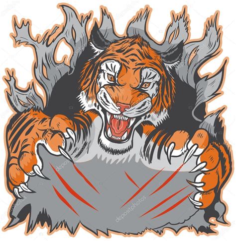 Tiger Mascot Ripping Out Background And Clawing Vector Template