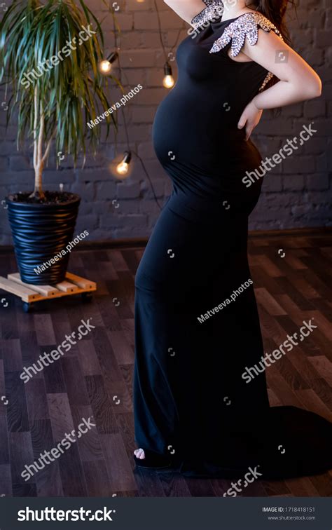 Brunette Pregnant Woman Black Tight Dress Stock Photo 1718418151 Shutterstock