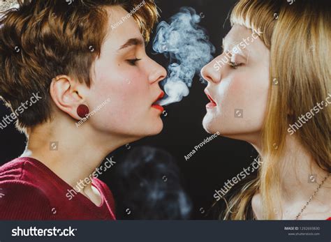 Lesbian Girls Smoke Kiss Close Stock Photo Shutterstock