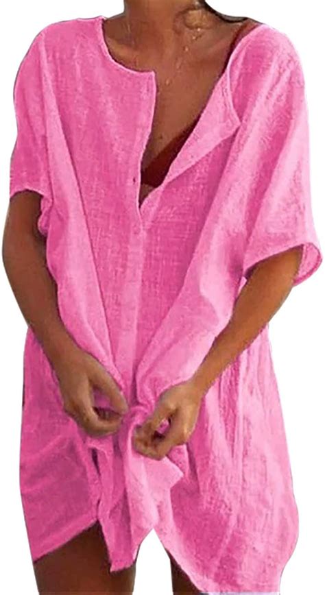 Robe De Plage Pour Femme Bikini Couvrir Avec Encolure Ronde Patte De Boutonnage Manches Courtes