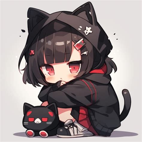 Premium Photo | Anime girl with black cat and red eyes sitting on the ...