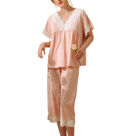 Defitshape Womens Cute Cotton Pajama Set Summer 2 Piece Scalloped V