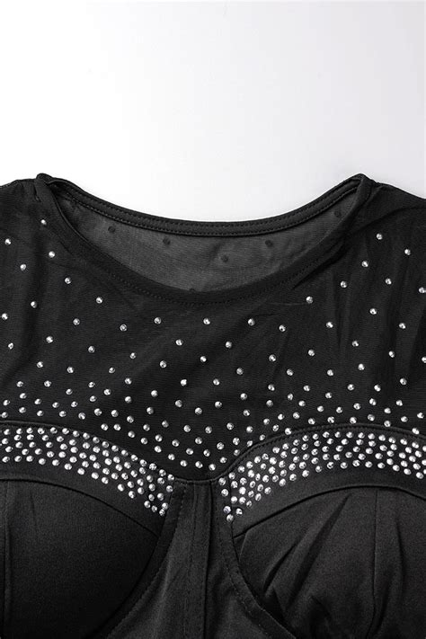 Wholesale Black Sexy Patchwork Hot Drilling See Through O Neck Long Sleeve Dresses K66417 2 Online