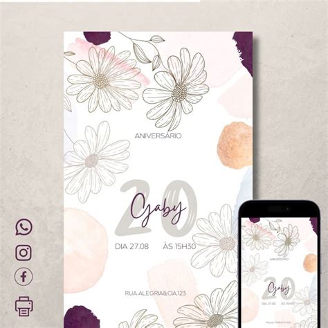 Convite Digital Aniversário Aquarela Floral Lilás e Nude Elo7