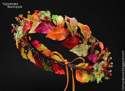Осенний венок на голову с листьями из атласных лент, ручная работа ...