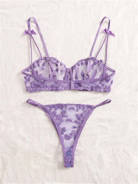 SHEIN Heart Embroidered Bow Front Mesh Lingerie Set SHEIN UK