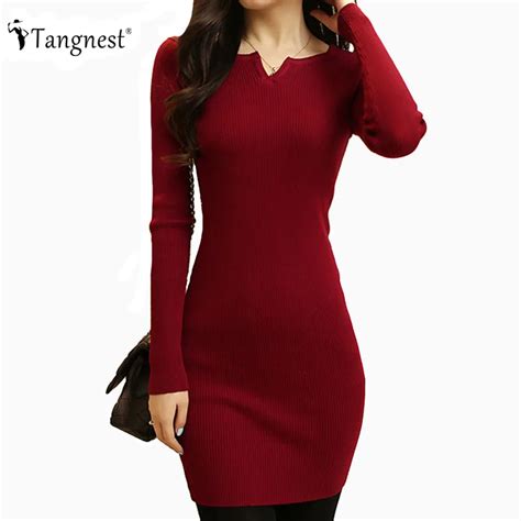 Tangnest Women Sexy Sweater Dress 2017 Autumn Winter Fashion V Neck