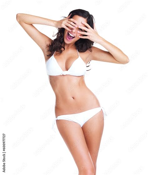 Bikini Portrait And Woman Covering Face In Studio Isolated On A White Background Beauty