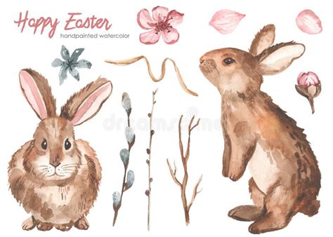 Watercolor Easter Bunnies Hares Willow Spring Flowers Twigs Happy