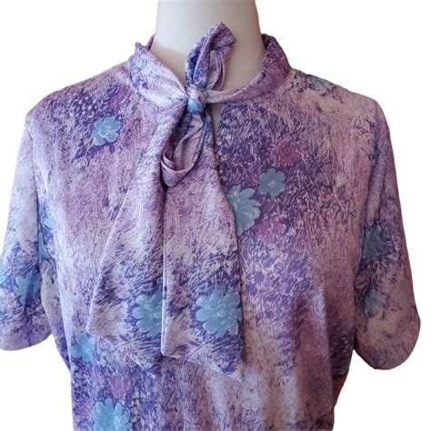 S Unlabeled Purple Floral Pussy Bow Dress Gem