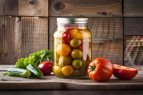 Premium Ai Image Preserved Vegetables In Jar On Old Wooden Background