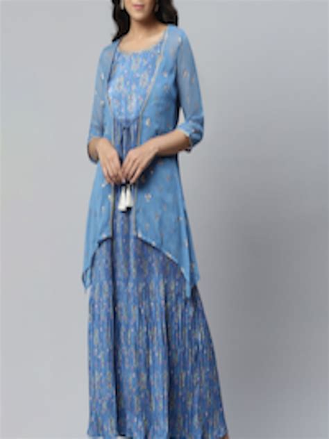 Buy Aurelia Blue Ethnic Motifs Printed Layered Maxi Dress Ethnic