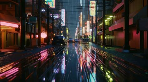 Generativ Ai Nacht Szene Von Nach Regen Stadt Im Cyberpunk Stil