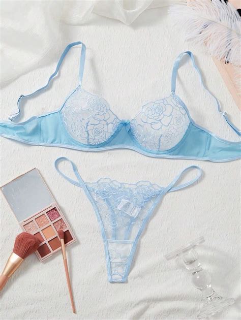 Conjunto de Lingerie Sexy Feminina Sutiã e Calcinha de Renda Bordada em Tule SHEIN Brasil
