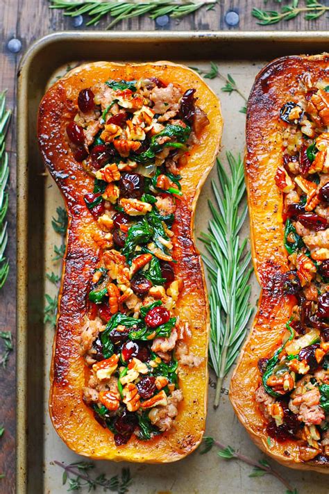 Sausage Stuffed Butternut Squash with Spinach, Pecans, and Cranberries