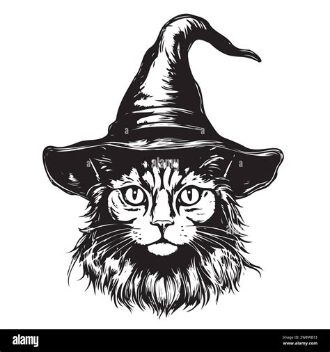 Black Cat In A Witch Hat Portrait Sketch Hand Drawn Halloween