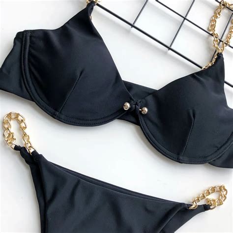 Sexy Micro Bikini Set Cadena A Juego Thong Ba Ador Brasile O Mujer Blanco Push Up Swimwear