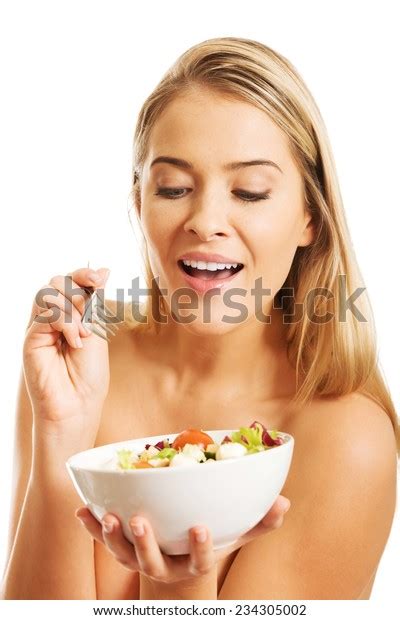 Nude Woman Holding Fork Bowl Salad Foto Stok Shutterstock