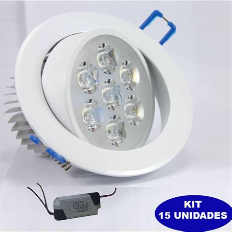 Kit 15 Spot Led Dicróica Embutir Redondo Direcionável 7w Branco Quente