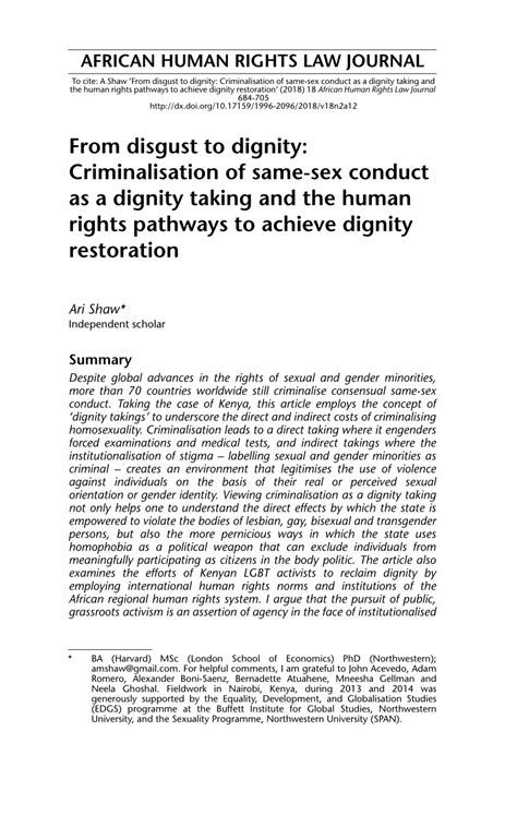 PDF From Disgust To Dignity Criminalisation Of Same Sex Conduct As A Dignity Taking And The