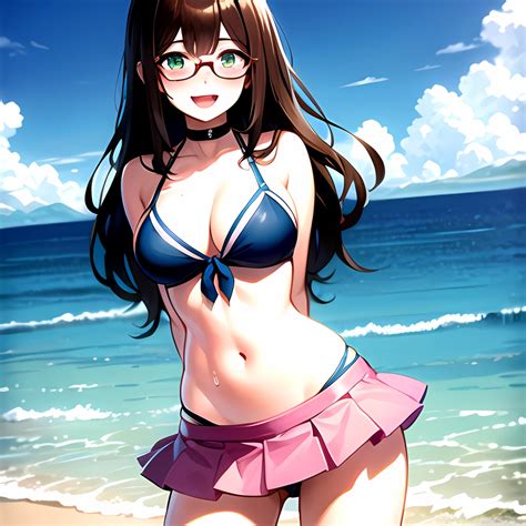 1girl D Bikini Bikini Bottom Aside Bikini Skirt Black Choker Blush Breasts Brown Hair Choker