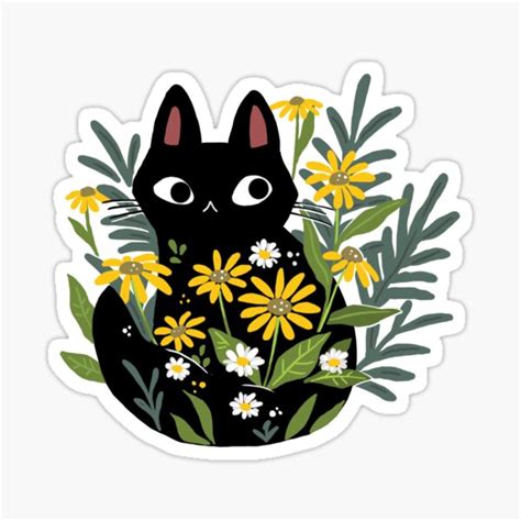 Black Cat With Flowers Sticker For Sale By Michelledraws Redbubble