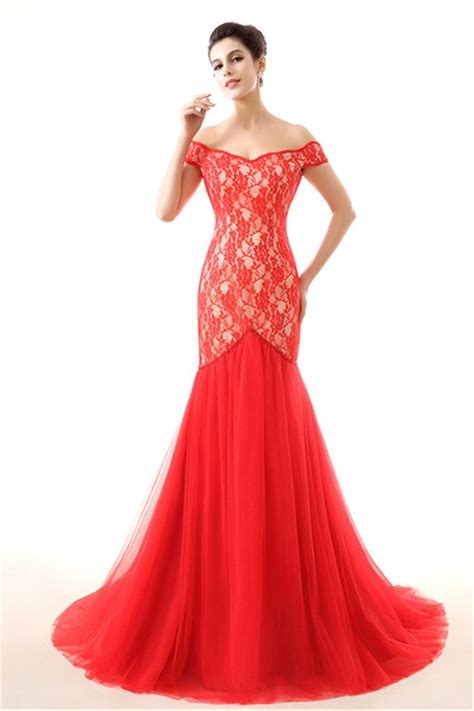 Charming Mermaid Off The Shoulder Low Back Red Lace Tulle Prom Dress