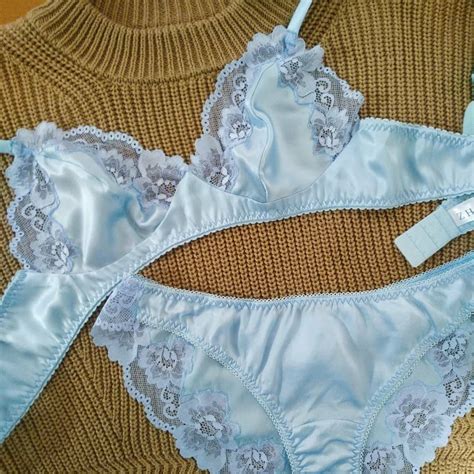 Handmade Blue Silk Lingerie Set Minimalist Bralette Luxury French Set Silk Underwear Blue