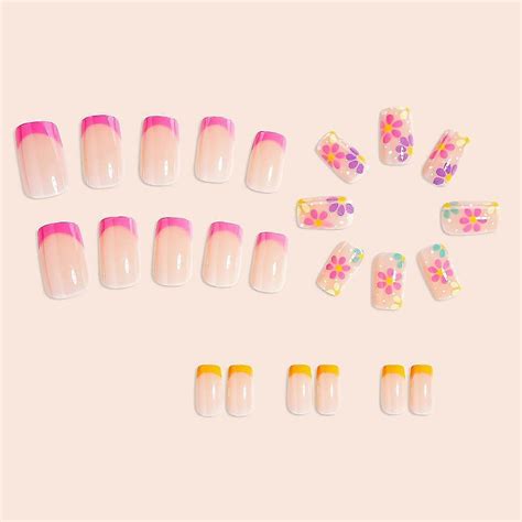 Square French Tip Press On Nails Short Fake Nails Nude Pink With Flower