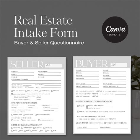 Real Estate Client Intake Form Buyer And Seller Questionnaire Home