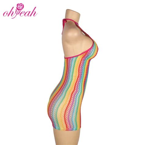 New Style Hollow Out Halter Backless See Through Fishnet Bodystocking Dress Sexy Lingerie Sexy