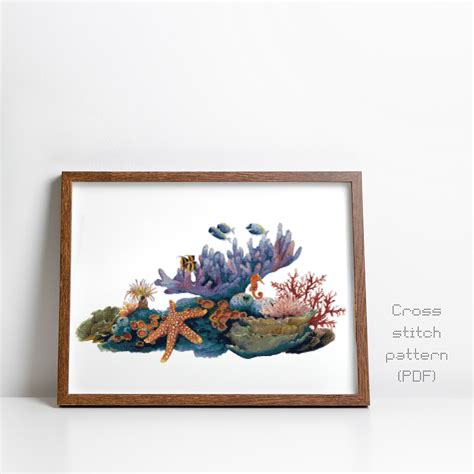 Coral Cross Stitch Pattern Sealife Modern Watercolor Painting Ocean