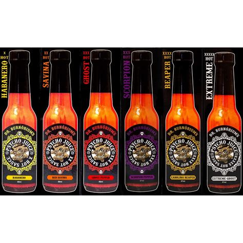 Psycho Juice Mini Six Pack Hot Chilli Pepper Sauce 6 X 59ml Bottles