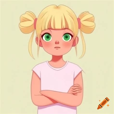 Anime Girl With Blonde Hair And Green Eyes In Light Pink Sleeveless T Shirt Arms Crossed On Craiyon