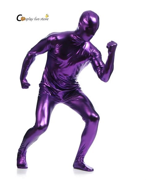 2018 Free Shipping Bodysuit Metallic Shiny Purple Mens Unitard Catsuits Metallic Footed Zipper