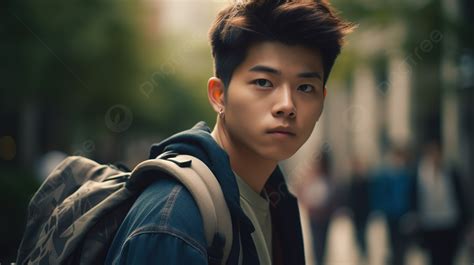 Korean Boy With A Backpack Looking Far Away Background, A College ...