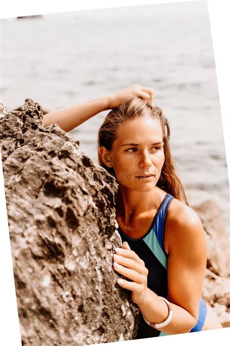 Woman Beach Vacation Photo A Happy Tourist In A Blue Bikini Enjoying The Scenic View Of The Sea