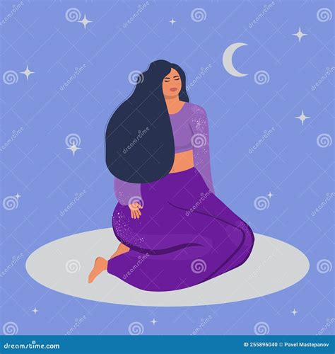 Dreaming Woman On The Background Of The Moon Stock Vector Illustration Of White Brunette
